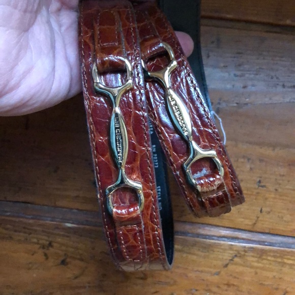 Vtg LIZ CLAIBORNE Size Medium Brown Belt CROCODILE embossed Gold Logo Academia - Picture 2 of 8